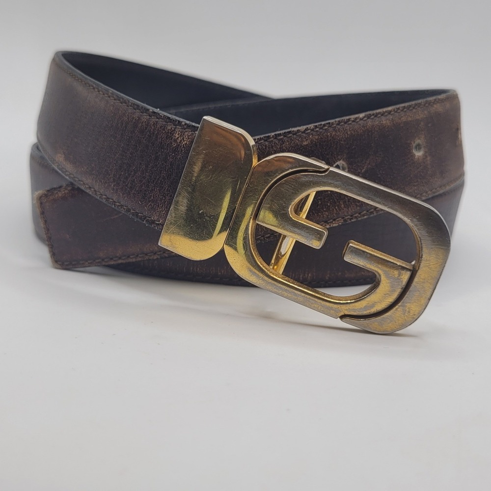 VTG Gucci Belt Buckle Brown Black Leather Gold GG Medallion 70s Retro Reversible